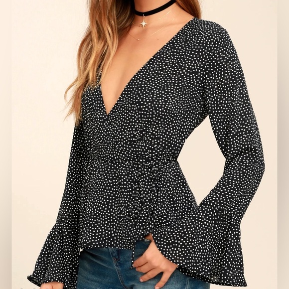 Lulu's Love is Enough Polka Dot Black White Wrap Top Bell Sleeves Size S - Picture 2 of 16